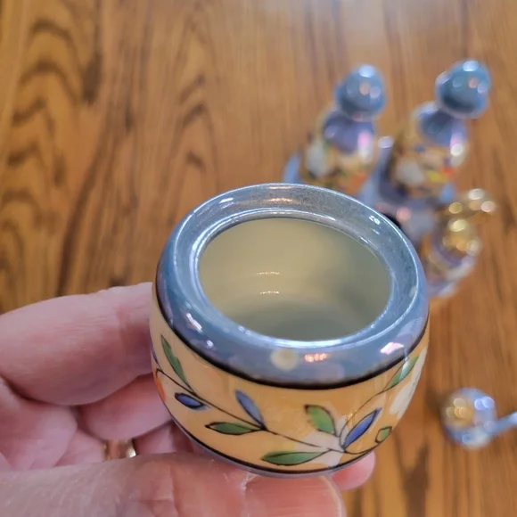 Vintage Lusterware Hand Painted Made in Japan Condiment Tray ~TT 5-piece S&P V&O - Picture 12 of 16